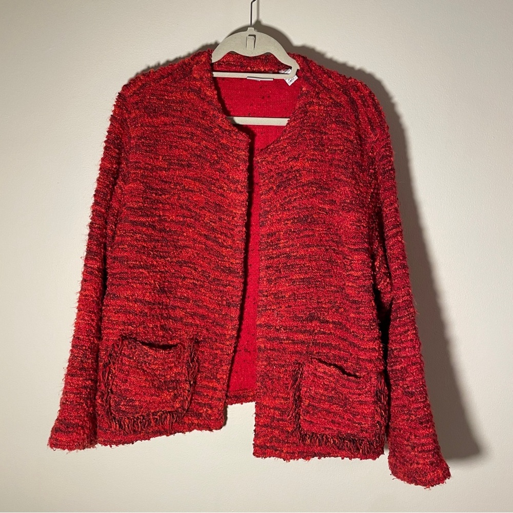Chico's Women Sz 3 Open Front Red Knit Textured Cardigan Sweater Pockets